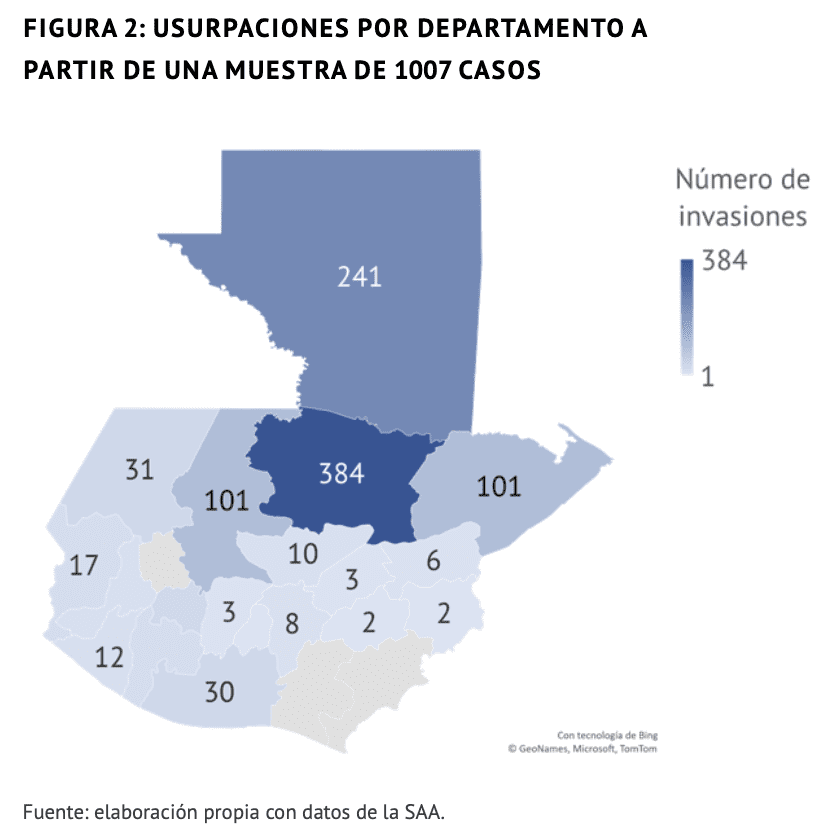 Usurpaciones por departamento a partir de una muestra de 1007 casos 